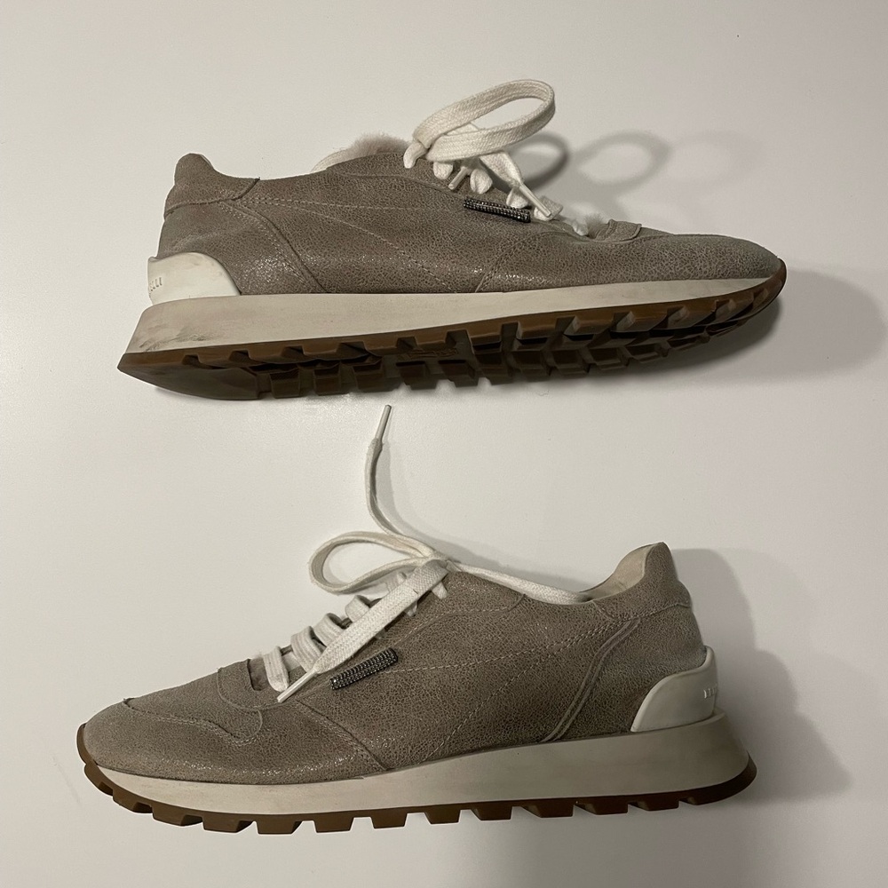 Brunello Cucinelli Taupe and White Sneakers